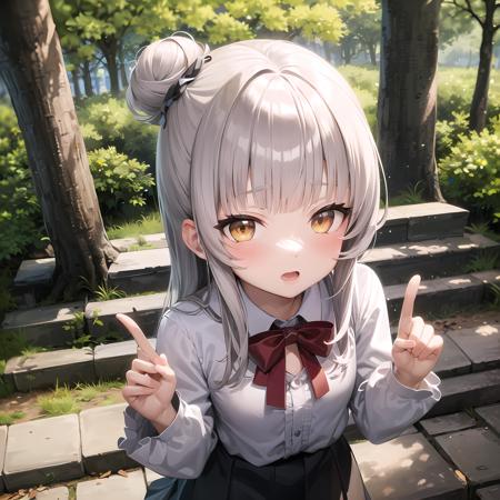 masterpiece, high detail, best quality, <lora:murasaki_shion:0.7>, 1girl, grey hair, murasaki shion, yellow orange eyes, hair bun, skirt, pantyhose, shoes, outside, stairs, nature, forest, trees, (shrine), from above