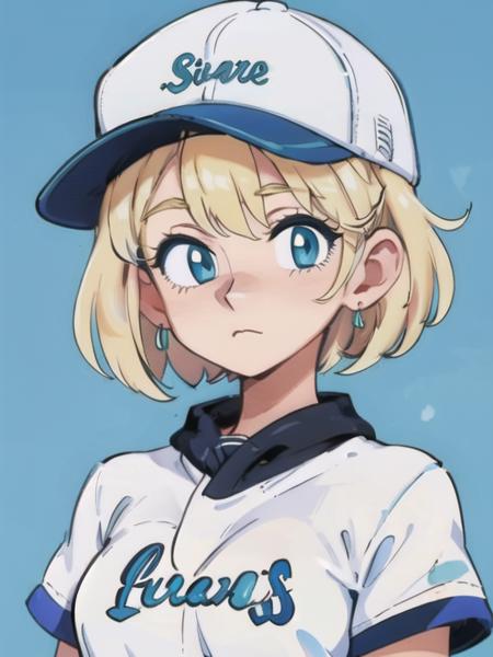 (best quality, masterpiece, illustration:1.1),  1girl, aqua eyes, baseball cap, blonde hair, closed mouth, earrings, green background, hat, hoop earrings, jewelry, looking at viewer, shirt, short hair, simple background, solo, upper body, yellow shirt, <lora:BrushlineBeta:0.6>