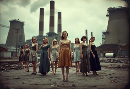 Surreal industrial landscape with towering mills looming in the background. Multiple women stand in the foreground, each with a distinct presence—some poised and confident, others seemingly caught in moments of carelessness or distraction. One woman, though appearing secondary, holds an air of subtle victory, quietly triumphant amidst the chaos. The scene is tinged with vintage vibes, captured like an antique ambrotype photograph. The surroundings show signs of neglect—cracked pavement, scattered debris, and muted colors—enhancing the moody, overcast atmosphere, with the girls’ forms creating a delicate contrast against the harsh industrial backdrop.