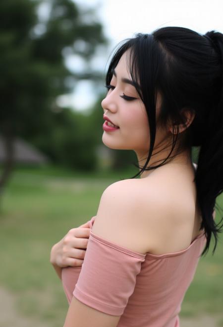 black hair, small breasts, bent over, outdoors, shirt, closed eyes, nail polish, ponytail
all fours, blurry,makeup,piercing,teeth,looking back,mole on ass, back,open mouth,