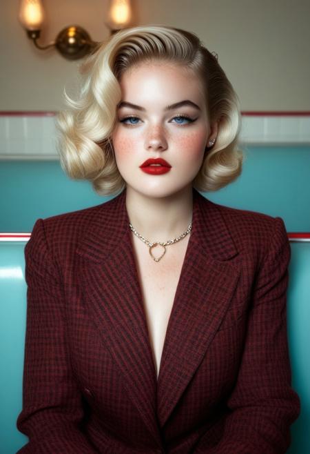 This high-definition CGI rendering presents a stunningly detailed depiction of a young woman in a vintage diner setting. The subject is a light-skinned woman with an ethereal complexion and voluminous, styled blonde hair cascading in soft waves. Her makeup is dramatic, featuring bold red lips, heavy eyeliner, and a subtle blush that accentuates her high cheekbones. She wears a provocative, open, plaid blazer in shades of red, white, and blue.rockabilly style, 1girl, mole on breast, breasts, mole, jewelry, nipples, necklace, freckles, solo, looking at viewer, 1950's