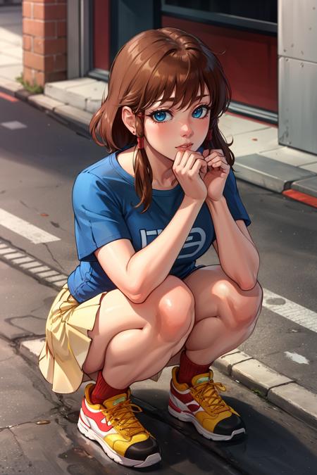 masterpiece, best quality, feMist, blue shirt, yellow skirt, sneakers, city street, squatting, from above <lora:mist-nvwls-v2-000012:0.8>