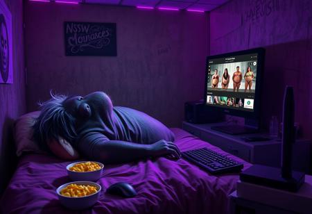 Photorealistic depiction of a manatee: the King of the manatees lays belly-down on a small unkempt bed inside a dank dirty room with purple LED lighting. He has greasy dyed black hair with white roots on his head. Beside his pillow on the bed is a bowl of mac'n'cheese. He is reaching for the mouse and keyboard in the foreground. He stares at a computer monitor which displays an nsfw video streaming website named "dornhub" featuring plus sized walruses in bikinis