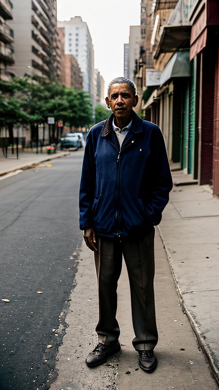 Barack Obama, old man, whole body, full body in frame, African old man as a very poor man, beggar, ragged clothes, begging in New York, The Bronx, walking in a very dirty street, dirty city, crying in pain, whole body, full body in frame, detailed background, highly detailed face, extremely detailed, high quality, best quality, looking at viewer
