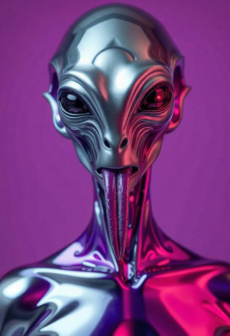 abstract male alien model in latex shiny full body outfit  avant-garde style with reflective chrome silver and purple bold Color Scheme   He has a small nose and slim mouth with a long tongue