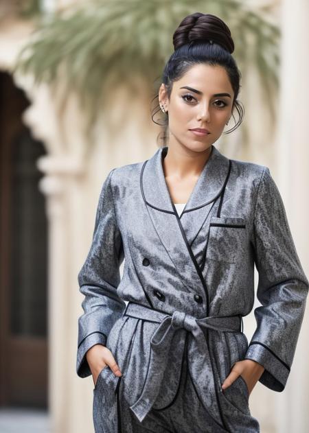 (radiant) anxious  cansu_dere in (pajamas|japanese costume|three-piece suit),portrait,intricate detail,(crew cut|textured bangs),( hair bobbles),legs apart,at Edwardian architecture,in (Amalfi Coast, Italy|drydock),midnight,/16,300mm+ focal length,curl mascara,(skin details:1.3),(skin pores:1.3),art by  (Kadir Nelson),Canon EOS M50 Mark II Mirrorless Camera,<lora:cansu_dere-000006:0.91>,