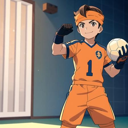 <lora:Mark Evans:0.8>,1boy,mature boy,smile,Mark Evans,head band,orange football uniform,holding a football ball,brown hair,smirk,brown eyes,goal keeper gloves,full body