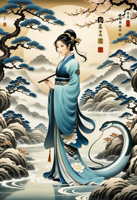 Sinoink,
An ethereal spiritual Isekai anime style depiction of an anthropomorphic snake, reminiscent of Chie Yoshii's surrealism and classical art.  A delicate female figure is surrounded by intricate patterns, nature motifs, and symbolic elements. Muted tones create a dreamlike atmosphere, with expressive composition and a light mystical aura.