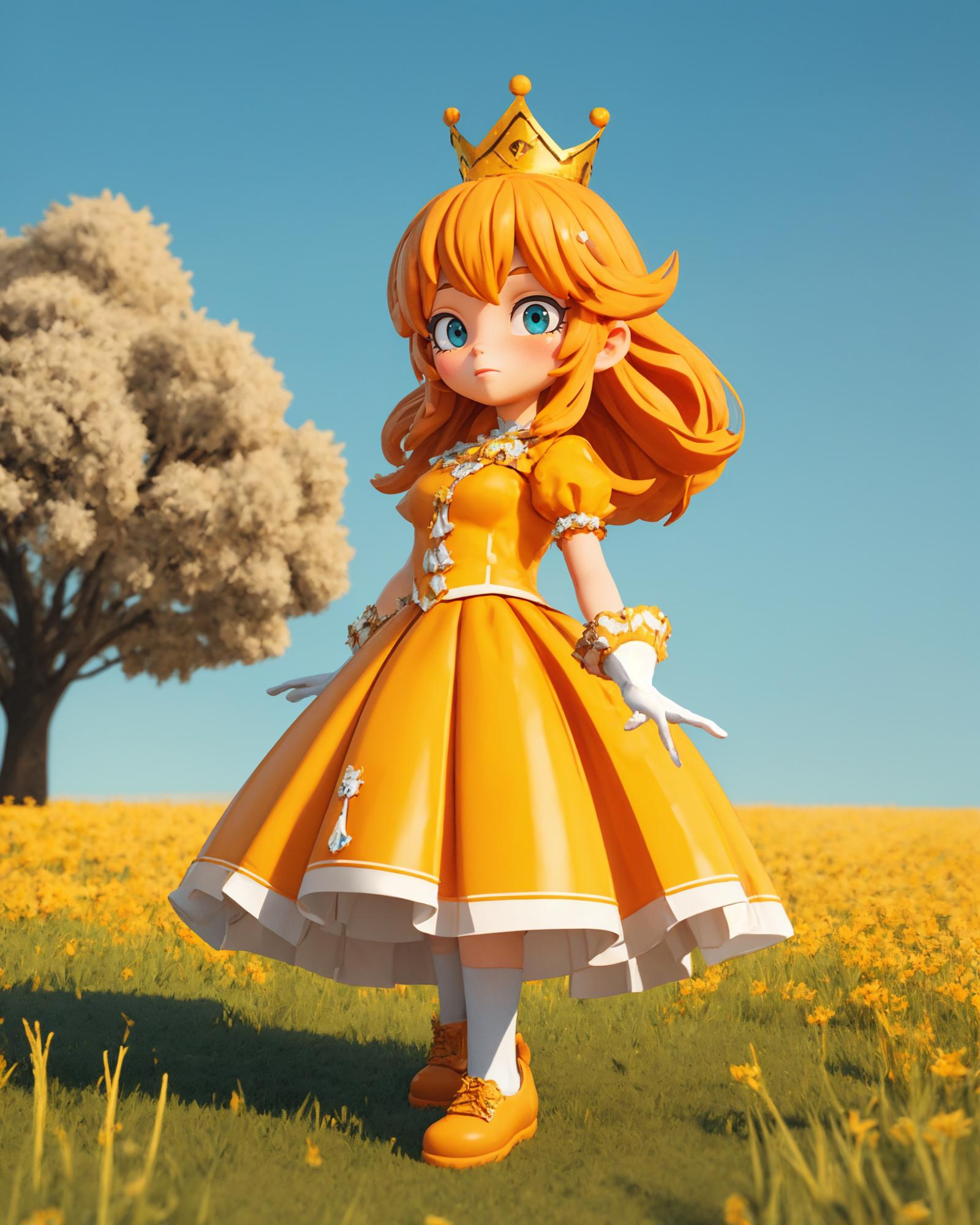 A 3D model of a princess with a yellow dress and a crown, standing in a field of flowers.