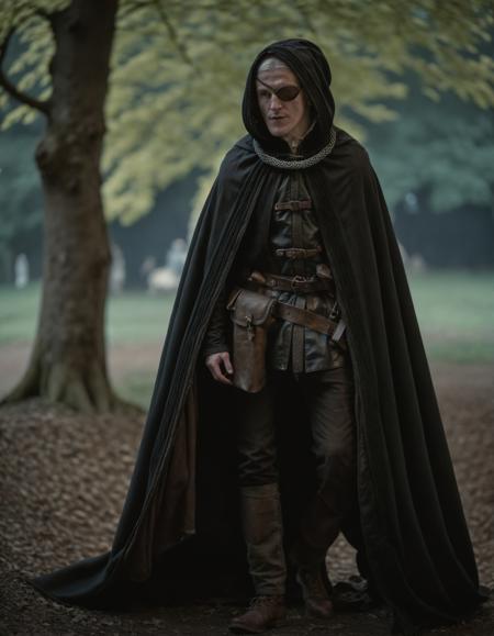 high resolution photo of a3m0nd man with long white hair,full body shot,wearing a dark tunic with hood,volumetric lighting and bokeh,the background is highly detailed,the shot is cinematic