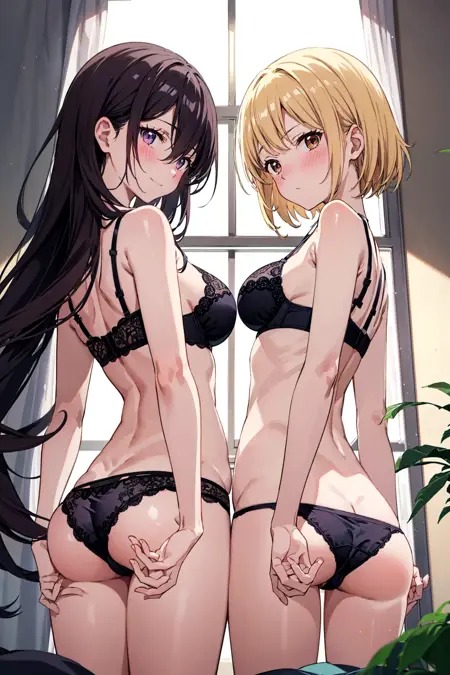 OpenPose: 2girls, from behind, from below