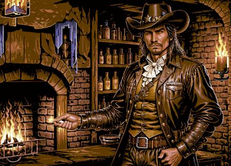 masterpiece, best quality,pixel art, low contrast,1man, western, jacket,sheriff, stetson, fireplace, tavern, dim lights <lora:C64graph:0.7>