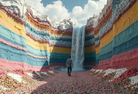 man walking at the bottom of the multi color cake valley. The valley is made from cake and melting cream. walking between towering, huge cake and huge topping cream. canyon of giant layered cake. bush of shiny candies. chip gravel spread along the path. A Bottle pouring a waterfall.
