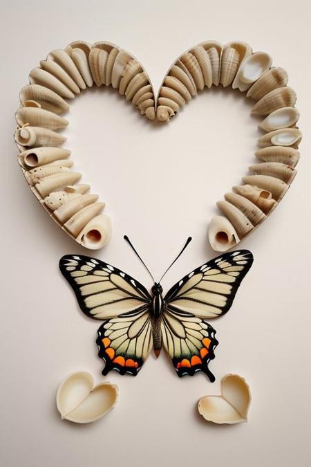 butterfly in a shape of heart ais-shells, made of ais-shells