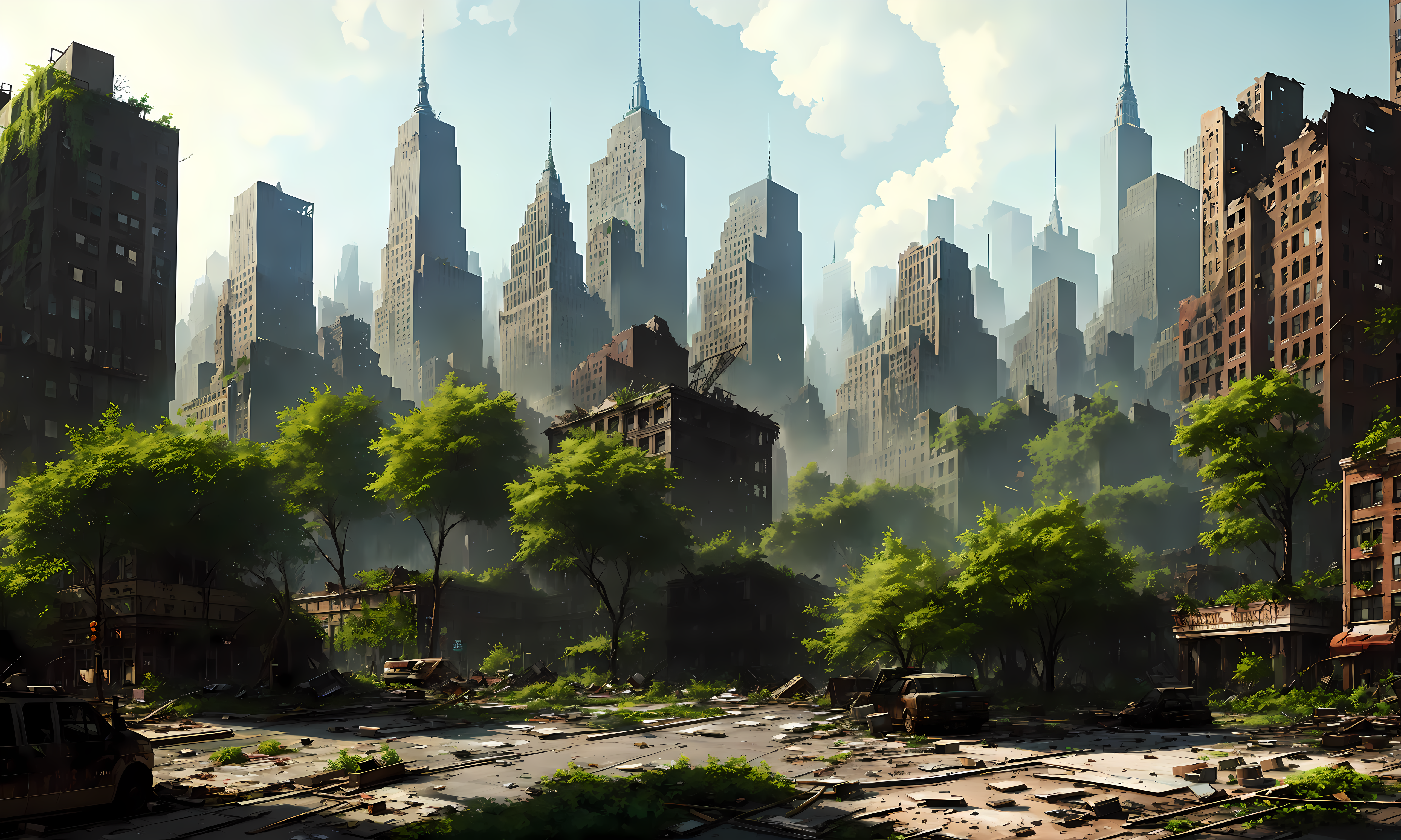 digital painting of destroyed new york city, city in ruins, highly detailed, trees and plants growed everywhere, plants gr...