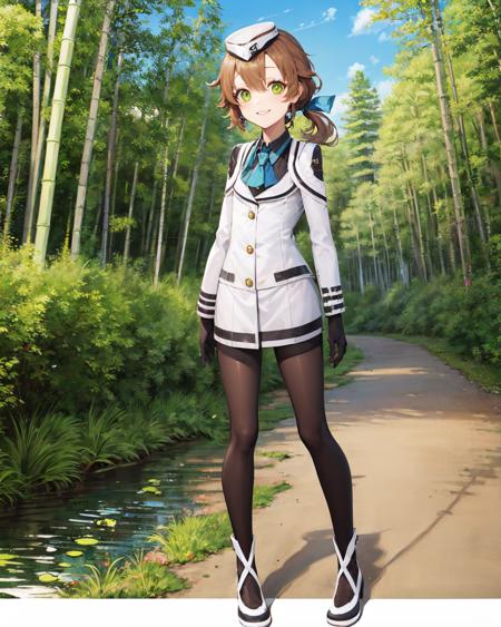 best quality, (masterpiece:1.2), illustration, absurdres,
(1girl), (solo), (beautiful detailed girl),  full body shot,
<lora:TowaCS3-08:1>, Towa Herschel, brown hair, ponytail, hair ribbon, green eyes, petite, small, short, flat chest, small breasts,
white hat, headwear,
white jacket, blue neckwear, black gloves, black pantyhose, white shoes,
looking at viewer, smile,
in bamboo forest, chinese architecture, stream,