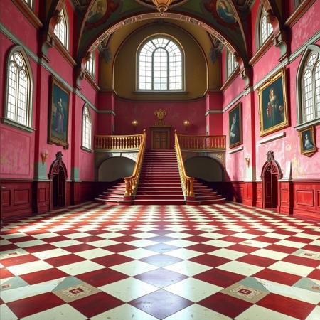 A liminal space inside Peach’s Castle from Super Mario 64. The large, open entry hall with its checkered floors is silent and still, the bright, colorful walls now faded and worn. The grand staircase, flanked by golden banisters, leads upwards, but the steps feel far too distant, as if the upper floors are unreachable. The tall, arched windows cast long shadows, and the once vibrant paintings on the walls seem to hang lifelessly, their subjects distant and indifferent.
The air is thick and quiet, and the usual echo of footsteps now feels unnaturally loud in the emptiness. The corridors stretch out, but their paths seem endless, as if the space is larger than it should be, with no sense of direction or purpose. The familiar and welcoming atmosphere of the castle now feels abandoned, as if it’s suspended in time, creating an overwhelming sense of solitude and unease. The stillness is oppressive, and it’s impossible to shake the feeling of being alone in an empty, forgotten place.