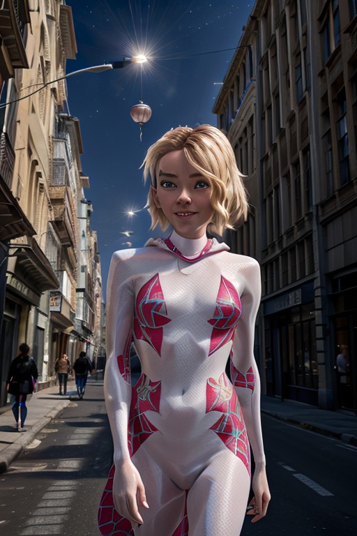 realistic, photorealistic, masterpiece, best quality, dark shot, 1girl, gwen stacy, solo, smile, looking at viewer, long blond hair, ([:see-through:4]:1.2) (red:1.3) cns_dress,(floral print:1.2), standing by a river, dynamic pose, (shanghai:1.2), water, colorful, cloud,incredible beautiful sky, netural lighting, dynamic Angle, neon, moon,bokeh,Chiaroscuro