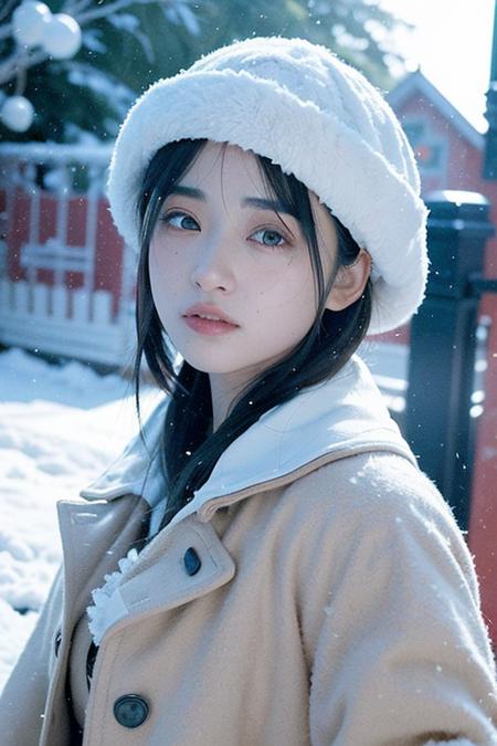 shenyue,(8k, best quality, masterpiece:1.2),(intricate details:1.4),(photorealistic:1.4),octane render, complex 3d render ultra detailed, studio soft light, rim light, vibrant details, ultra detailed, realistic skin texture, detailed face,(expressionless:1.2), extremely detailed CG unity 8k wallpaper, makeup,(snowy background:1.2),(half body),jacket, <lora:shenyue1:0.7>