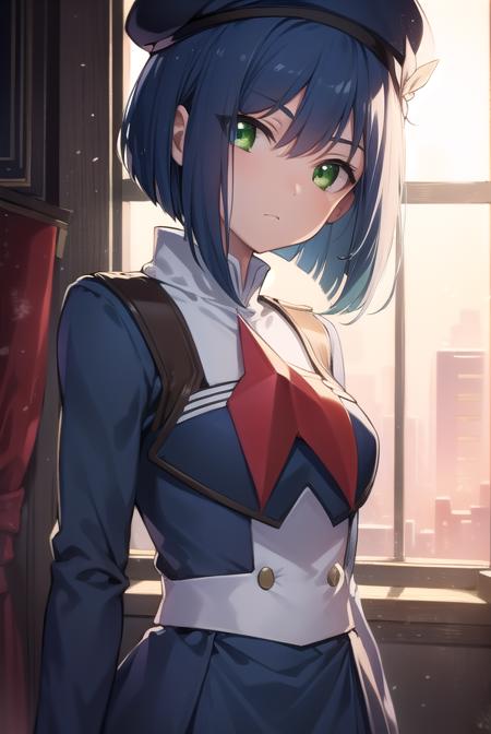 franxxichigo, <lyco:ichigo-lyco-nochekaiser:1>, 
ichigo, blue hair, (green eyes:1.5), hair ornament, hairclip, short hair,
BREAK beret, hat, military, military uniform, uniform,
BREAK looking at viewer,
BREAK indoors, classroom,
BREAK <lyco:GoodHands-beta2:1>, (masterpiece:1.2), best quality, high resolution, unity 8k wallpaper, (illustration:0.8), (beautiful detailed eyes:1.6), extremely detailed face, perfect lighting, extremely detailed CG, (perfect hands, perfect anatomy),