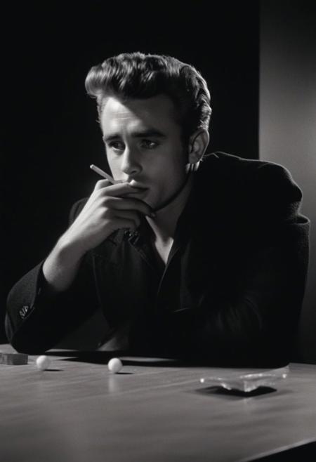 highly detailed and hyper realistic b&w photo of
( James Dean )  (eyes Catch-lights), ,(  black background,) (smoking cigarette) ,,pink soap one table,  shadow falling on eyes, , b&w ,   (lighting: dramatic) , (lighting: high key) shot on Polaroid film, cinematic still frame, film grain, shallow depth of field, textured table, clean table, , crouched, faded colors, vintage, motion blur, , deep shadows, highly detailed and hyper realistic