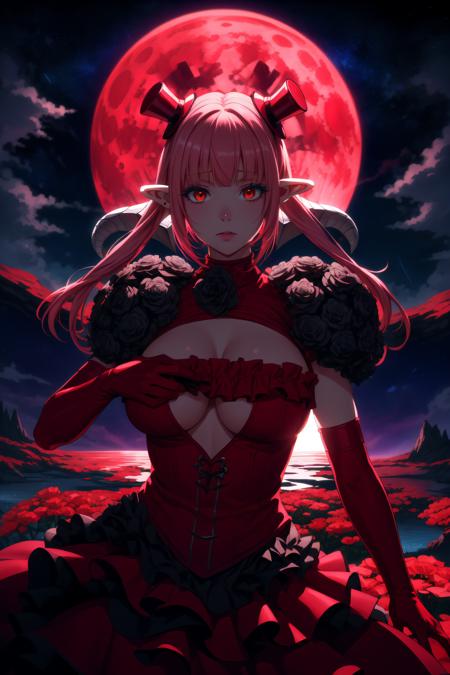 <lora:AstarothX_V3:0.8>  masterpiece, best quality, astarothx, twintails, low horns, frilled dress, black rose, shoulder pads, red elbow gloves, mini top hat, large breasts, fantasy landscape, magical swirls,  nightmare, dark, backlighting, starry sky, soft particles, looking at viewer, full moon, red moon, glowing, waterfall, flower, dramatic lighting