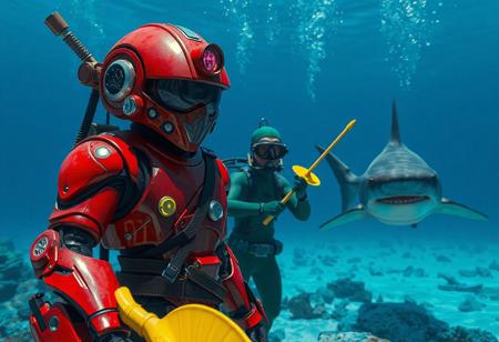 "A hyperdetailed cinematic underwater scene featuring three dynamic characters. In the foreground, a vibrant red Aqua Armor Ninja robot stands out, equipped with a large headlight and a smaller one on its chest, exuding readiness for an underwater adventure. It holds a yellow Cannonball Spear Shellfish, adding a playful element. In the middle, a scuba diver in a green wetsuit mirrors the robot’s action, also holding a yellow Cannonball Spear Shellfish, creating balance and focus. In the background, a grimdark Spider Shark swims, adding movement and dynamism to the scene. The blue watercolor Deep Sea backdrop provides a realistic underwater setting, enhancing the visual appeal. Rendered in Octane and Unreal Engine 5, with 4K resolution, lifelike details, sharp lines, and stunning, harmonious colors. The composition is impeccable, with captivating lighting, balanced editing, and a creative angle, trending on ArtStation, CGSociety, and ArtStationHQ. Inspired by the styles of Raphael, Houdini, and Grammer Effect, with vivid emotions and a powerful message. The scene evokes a playful yet adventurous underwater narrative, showcasing handcrafted precision and a sense of imaginative storytelling."