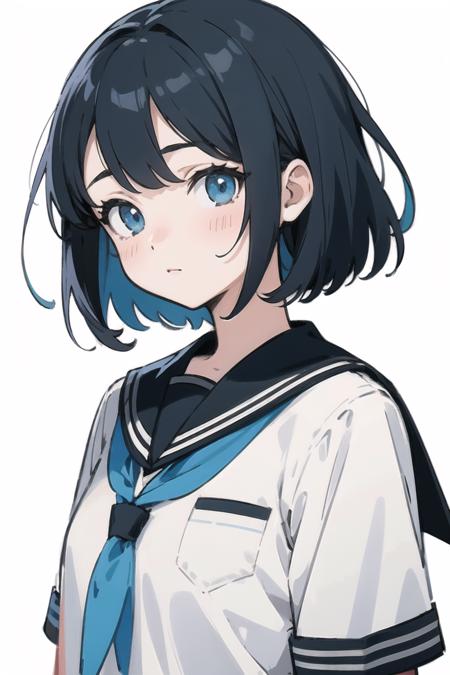 (finely best quality illustration:1.2), (kawaii girl:1.0), (1girl, solo:1.0), (black hair:1.0), (blue eyes:0.8), (school uniform:1.0), (upper body:0.8), (white background:1.0), (ultra-detailed, highres:1.0),