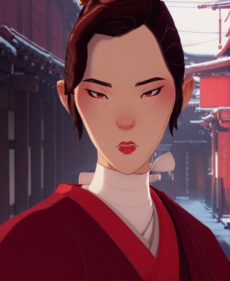 full color drawing  of  Mizu, woman,clad in a maroon mofuku, empty street, Edo period, closeup, epic character composition,by ilya kuvshinov, manon bailly, drawing  <lora:BlueEyeSamurai:1>