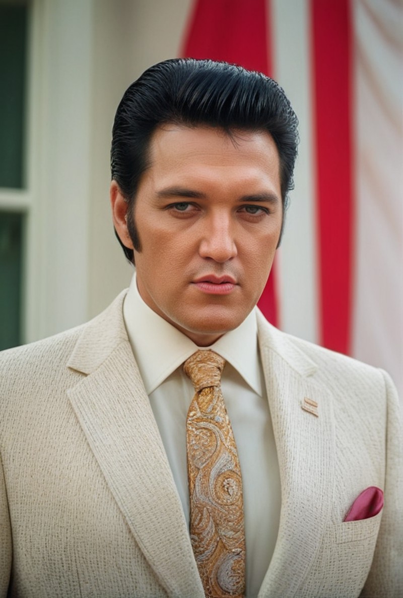 (Elvis Presley as US President from another dimension inside white house)(dodge and burn, corner edge darken vignette)(exp...