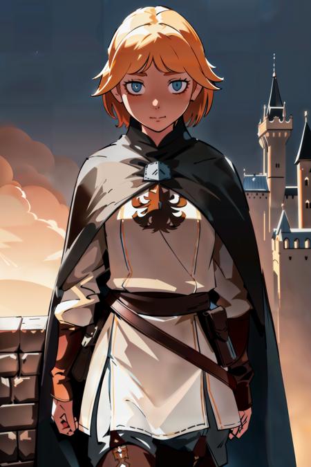 neia bags_under_eyes blond hair short hair white shirt black cloak brown pants thigh boots