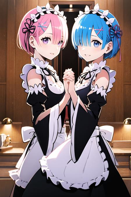 ram (re:zero), multiple girls, 2girls, sisters, roswaal mansion maid uniform, twins, siblings, pink hair, rem (re:zero), short hair, blue hair, blue eyes, maid, ribbon, detached sleeves, red eyes, hair ornament, hair over one eye, smile, looking at viewer, holding hands, apron, x hair ornament, hair ribbon, interlocked fingers, black ribbon, frills, maid headdress, white apron, blurry background, blurry, neck ribbon, ribbon trim, bangs, breasts, blush, purple ribbon, small breasts, long sleeves, parted lips, waist apron, shiny hair, pink ribbon, dress, wide sleeves, standing, frilled sleeves, shiny, ribbon-trimmed sleeves, <lora:Yousuke Kaneda:0.8>