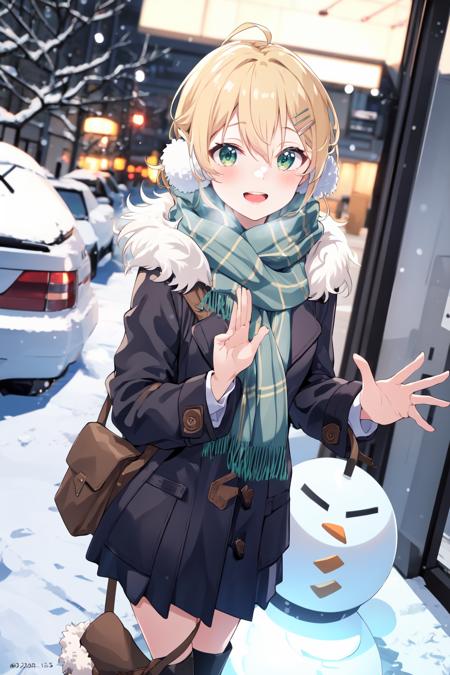 -galgame style, 1girl, green eyes, hair ornament, scarf, outdoors, looking at viewer, open mouth, coat, blonde hair, plaid, plaid scarf, bag, smile, snow, blush, bangs, long sleeves, pov, holding, fur trim, hair between eyes, holding bag, hairclip, earmuffs, winter, :d, snowman, blue coat, door, day, fur-trimmed coat, waving, pov hands, solo focus, ground vehicle, skirt, winter clothes, green scarf, blurry, standing, upper teeth only, fringe trim, open clothes, teeth, sweater, breath, short hair<lora:galgame style (10):0.8>