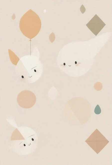 WhiteMold, 
Whimsical vintage characters with geometric purity, soft pastel colors. Soft expressive brushwork blends with clean modernist forms. Warm nostalgic and muted neutral color palettes, balanced composition, gentle and soothing, adorable and cute, charming features.