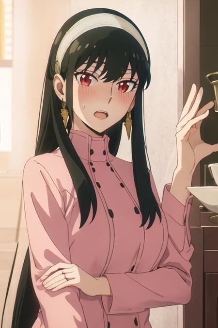 best quality, masterpiece, highres, solo, {yor_briar_spyxfamily:1.15}, black_hair, hairband, red_eyes, sidelocks, white_hairband, jewelry, earrings, bangs, long_hair, 1girl, looking_at_viewer, open_mouth, portrait, parody, blush, sweatdrop