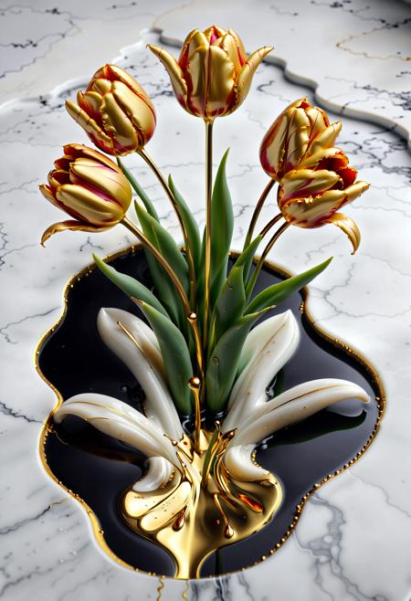 Liquid Marble floor, detailed, ultrarealistic, gold dripping, a stalk of liquid marble tulips,
