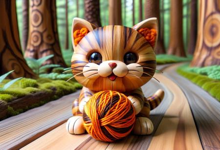 cat, neko, hard wood, score_9, score_8_up, score_7_up, score_6_up, cat made of wood, brown, orange, shiny, playing with yarn ball, shiny, adorable kitty playing in a cloudy forest