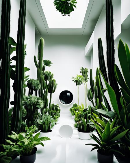 a view of a space station with a lot of plants , a white room with a lot of white furniture