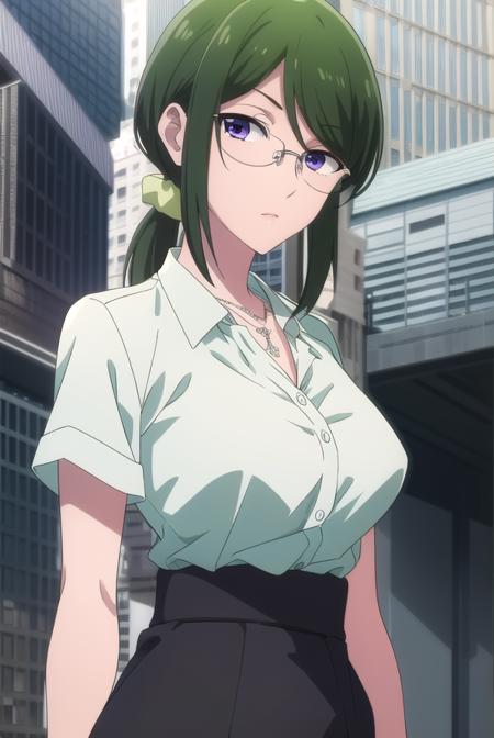 hanakokoyanagi, <lora:hanakokoyanagi-lora-nochekaiser:1>,
hanako koyanagi, green hair, low ponytail, (purple eyes:1.1), glasses,
BREAK skirt, shirt, necklace, office lady,
BREAK looking at viewer,
BREAK indoors,
BREAK <lora:GoodHands-vanilla:1>, (masterpiece:1.2), best quality, high resolution, unity 8k wallpaper, (illustration:0.8), (beautiful detailed eyes:1.6), extremely detailed face, perfect lighting, extremely detailed CG, (perfect hands, perfect anatomy),