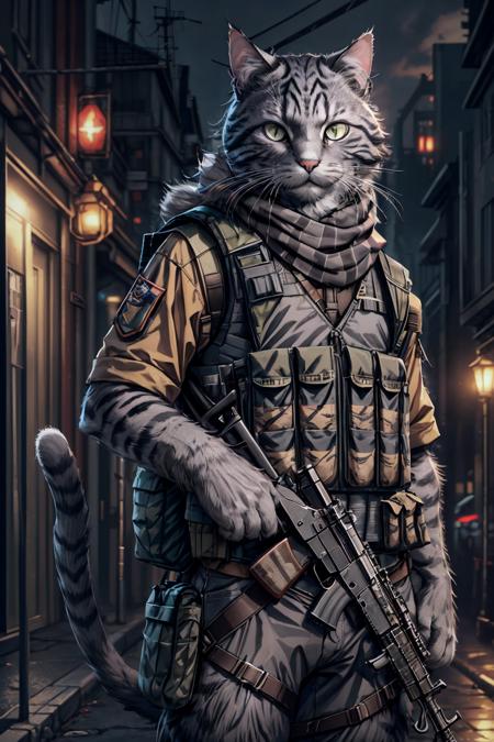 absurdres, (realistic:1.5), (masterpiece, Extremely detailed CG unity 8k wallpaper, best quality, highres:1.2), (ultra_detailed, UHD:1.2), perfect illumination, unreal engine, sidelighting, (dark background:1.4),
(cat:1.2), (tabby cat:1.2), (gray cat:1.4), (no humans:1.4), (furry:1.4), animal focus, animal, solo, standing, weapon, gun, rifle, assault rifle, gloves, holding, holding weapon, holding gun, military, whiskers, load bearing vest, pouch, holster, camouflage, bag, scarf, blurry background,  <lora:MISC_LOWRA:0.4>,  <lora:MISC_ADD_DETAIL:1>  <lora:MISC_C4TTITUDE:0.6>