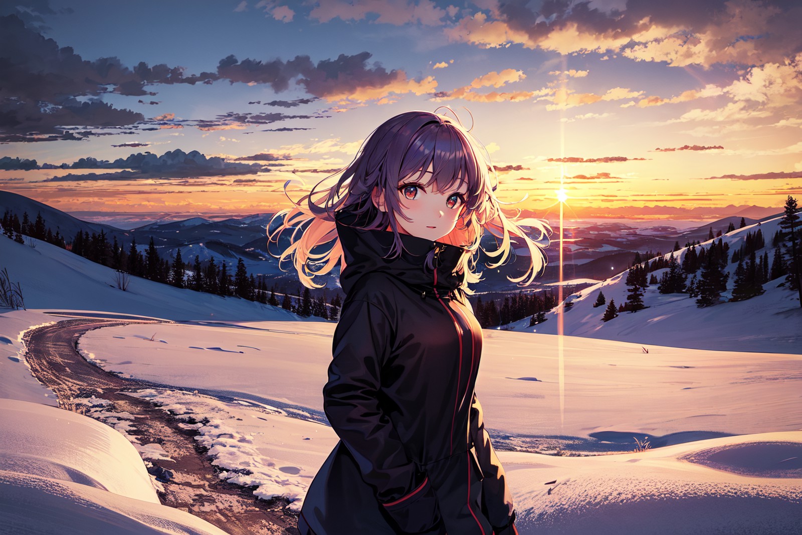 absurdres, highres, best quality, 1girl, snow,comfy, scenery, sunset, clouds, wind,