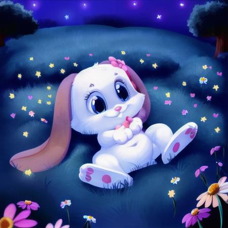 <lora:Schnuffel-2D:1>Furry, Anthro, cub, solo, small body, plump, thick, Blue eyes, fur, snuggelina, female, pink nose, cute, lop-eared, blooming meadow, lying on the grass, legs spread, night, starfall