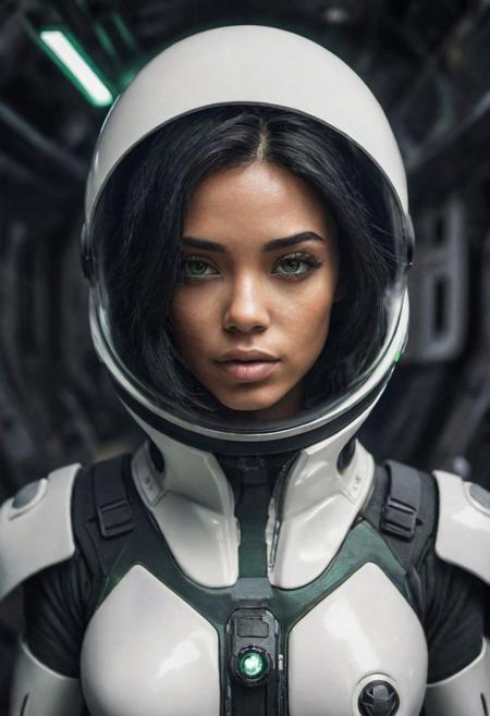 photo of a black hair woman, in space, futuristic space suit, (freckles:0.8) cute face, sci-fi, dystopian, detailed eyes, green eyes, 16k