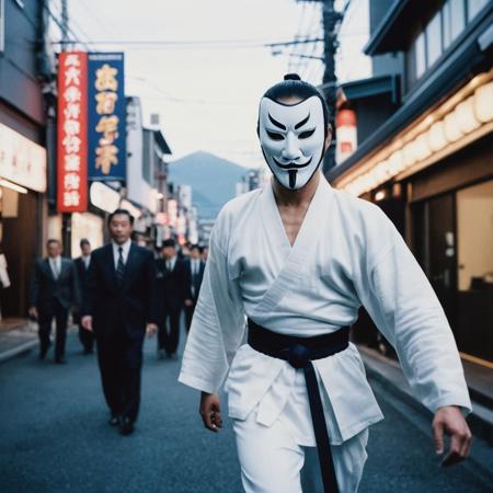 ghost, portrait photo of man , face, slim body, high quality, film grain,motion,samurai,japanese mountain,1000, polaroid, grainy,Montreal,fight on background,A cinematic shot,motion,motion blur,(rush, motion blur),ghostly,ghost,fight,trump ghost,japan city,Tokyo,peopleless,mask,samurai in mask
