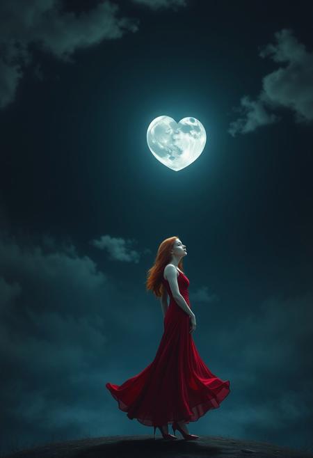 A sorrowful woman with pale white skin and long, flowing ginger hair stands alone beneath the night sky. She wears a stunning red dress that hugs her figure, paired with elegant red high heels. Her expression is melancholic as she gazes up at the moon, which glows softly in the shape of a heart. The night is deep and vast, with gentle clouds drifting around the heart-shaped moon. A faint breeze lifts the hem of her dress, adding a sense of quiet motion. The scene is illuminated by the moon’s soft, silver glow, casting a romantic yet bittersweet atmosphere.