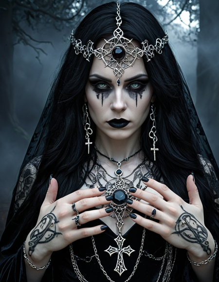 (amazing transcendental's dream:3.5) The photo depicts a powerful gothic sorceress, her face partially hidden by her elegantly adorned hand. She has pale, slender fingers, on which several silver magical rings, set with dark gemstones like onyx and amethyst, glimmer. Her hand is decorated with mysterious tattoos that seem to pulse with a dark energy.She wears a gothic ensemble, a black velvet dress richly embroidered with occult patterns. Her long black hair frames her pale face, and her eyes, accentuated with dark makeup, shine with an intense light. Large silver necklaces, with pendants shaped like crosses and ancient symbols, rest on her chest. The background is misty, with shadows dancing around her, enhancing the mystical and sinister atmosphere of the scene,  (maximum ultra high definition image quality and rendering:3), maximum image detail, maximum realistic render, (((ultra realist style))), realist side lighting, , 8K high definition,  realist soft lighting, (amazing special effect:3.5)