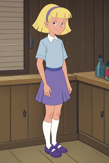 AnnikaSPLXL, retro artstyle, blonde hair, short hair, blunt bangs, purple hairband, female child, flat chest, white collar shirt, blue shirt, short sleeves, purple skirt, white socks, purple shoes