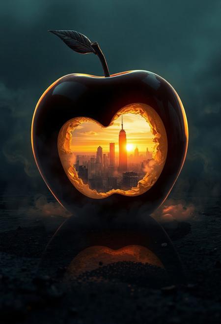 A digital illustration of a surreal scene where a dark, reflective apple has been bitten into, revealing a stunning cityscape inside. The city is lit up with warm, golden light, suggesting either sunrise or sunset. Skyscrapers dominate the view, with some buildings glowing brightly. The apple is surrounded by swirling clouds of smoke or mist, creating a dreamlike and ethereal atmosphere. The apple rests on a reflective surface, which mirrors the city and the apple itself. The ground is dark and textured, with small rocks and debris scattered around. The image should have a cinematic and dramatic feel, highlighting the contrast between nature and urban life.