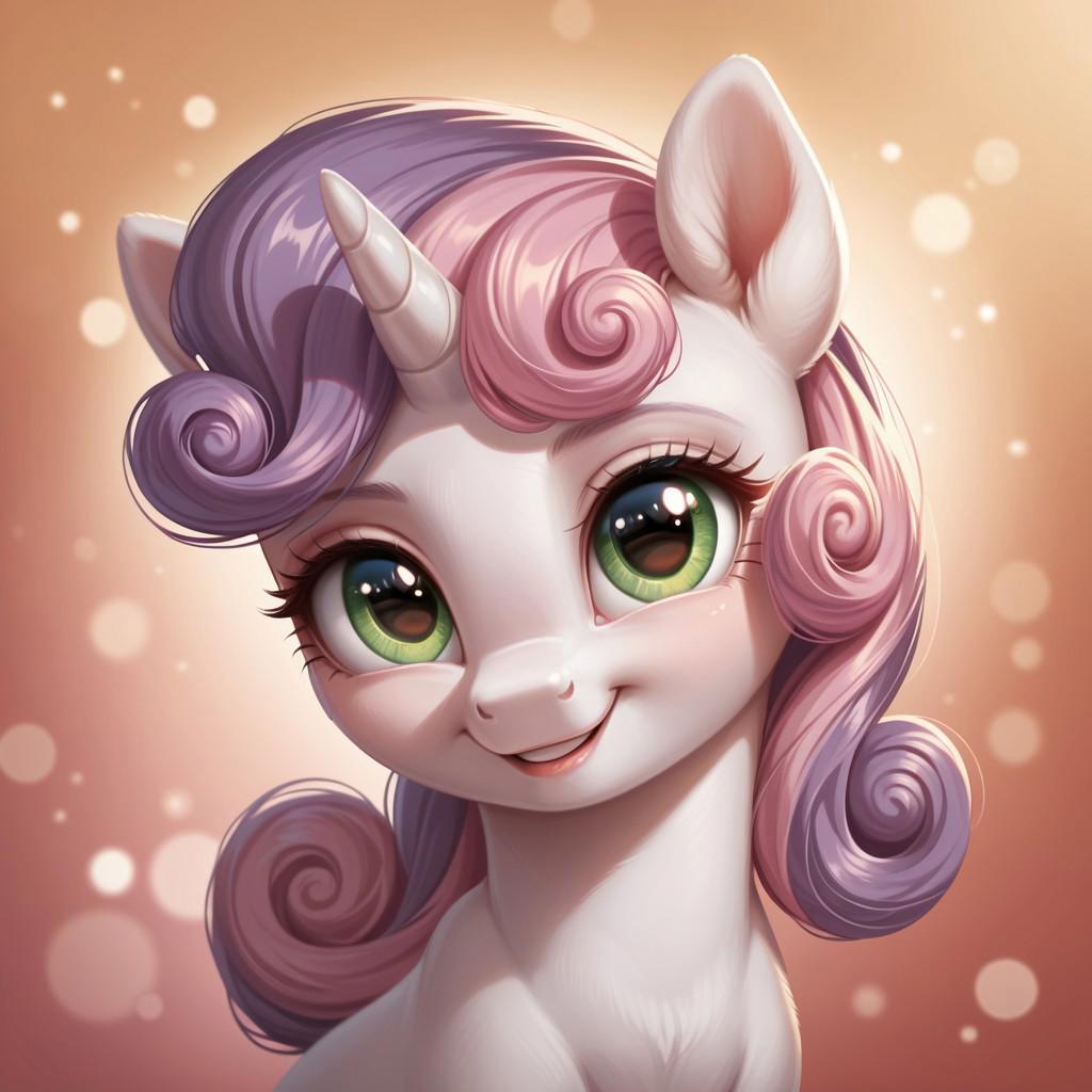 score_9, score_8_up, score_7_up, score_6_up, score_5_up, score_4_up, my little pony, ((feral pony)), Sweetie Belle, 1girl, solo, (cute), beautiful, detailed, (detailed cute pony face), detailed eyes, detailed fur, beautiful, vector, flat colors, (abstract background:1.8), (looking at you, looking at viewer:1.5), smile, happy, ((close-up)), high angle