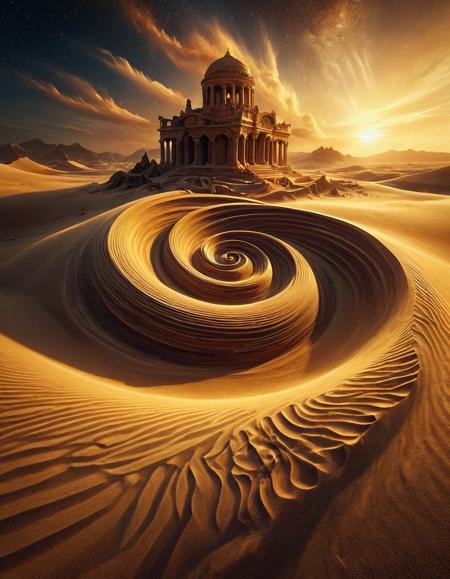 Golden hour, nebula, stardust, sandswirl, ancient ruins emerging from sand, forgotten city  <lora:SandSwirlLoRa:0.8>